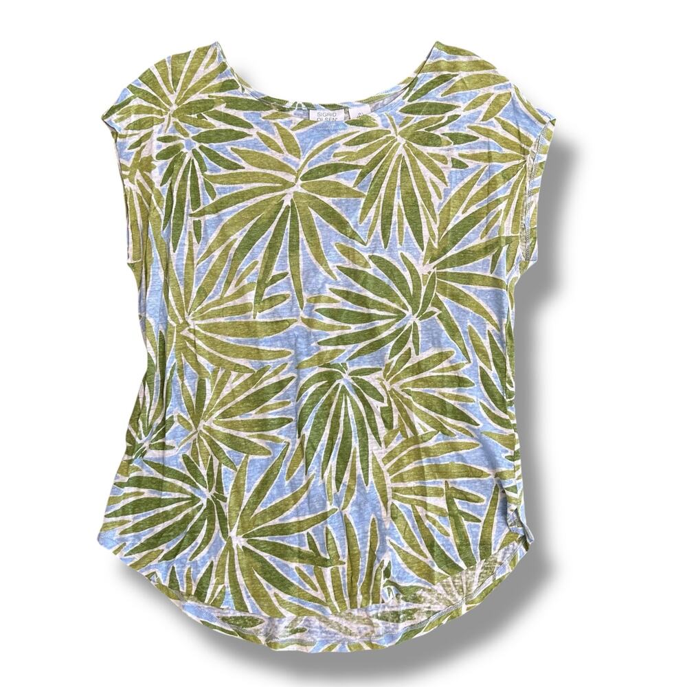 Sigrid‎ Olsen Women’s L 100% Linen Top Green Palm Leaf Print Blue Blouse